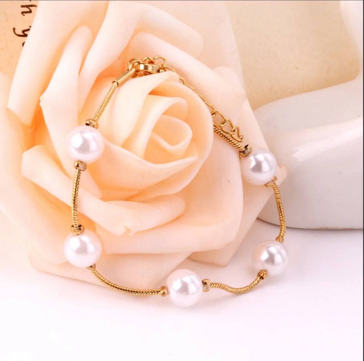 Pearl (imitation) Chain Bracelets Bangles for Women Gold Color Stainless Steel + 18k Gold Plated