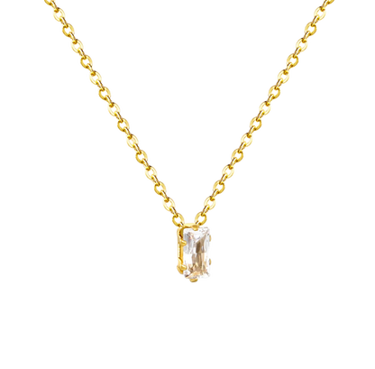 Square White Zircon Pendant Cross Chain Round Tail Plaque Necklace Stainless Steel +18K Gold Plated