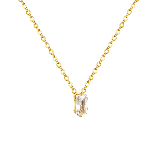 Square White Zircon Pendant Cross Chain Round Tail Plaque Necklace Stainless Steel +18K Gold Plated