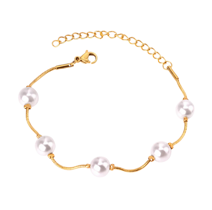 Pearl (imitation) Chain Bracelets Bangles for Women Gold Color Stainless Steel + 18k Gold Plated