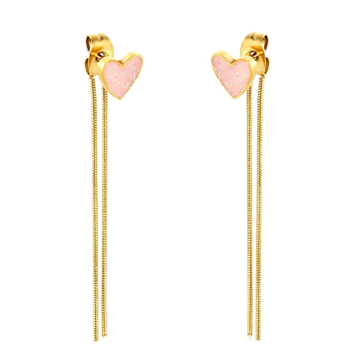 Pink Drops Peach Heart Round Snake Chain Tassel Earrings Gold Stainless steel +18K Gold Plated