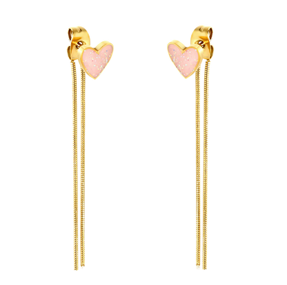 Pink Drops Peach Heart Round Snake Chain Tassel Earrings Gold Stainless steel +18K Gold Plated