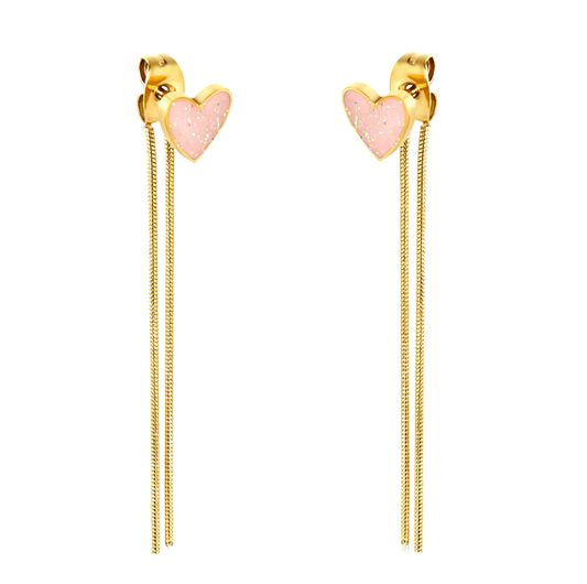 Pink Drops Peach Heart Round Snake Chain Tassel Earrings Gold Stainless steel +18K Gold Plated