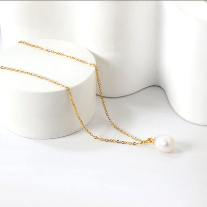 White Pearl Pendant Necklace Stainless steel +18K Gold Plated
