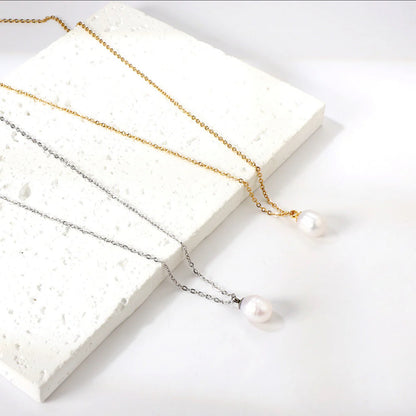 White Pearl Pendant Necklace Stainless steel +18K Gold Plated