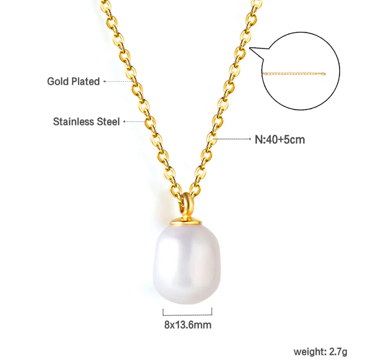 White Pearl Pendant Necklace Stainless steel +18K Gold Plated
