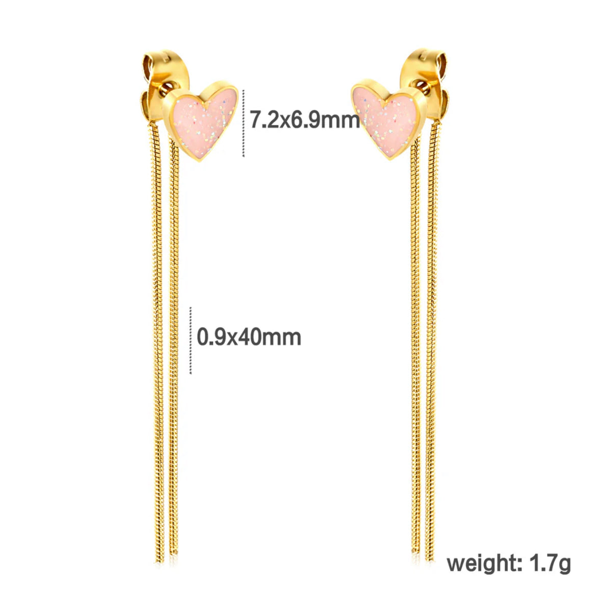 Pink Drops Peach Heart Round Snake Chain Tassel Earrings Gold Stainless steel +18K Gold Plated