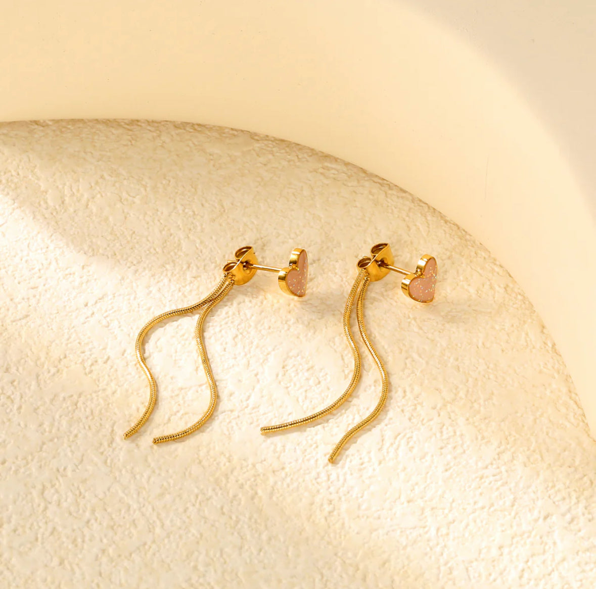 Pink Drops Peach Heart Round Snake Chain Tassel Earrings Gold Stainless steel +18K Gold Plated