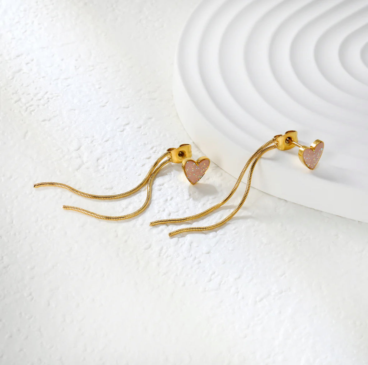 Pink Drops Peach Heart Round Snake Chain Tassel Earrings Gold Stainless steel +18K Gold Plated
