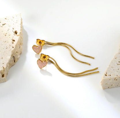 Pink Drops Peach Heart Round Snake Chain Tassel Earrings Gold Stainless steel +18K Gold Plated