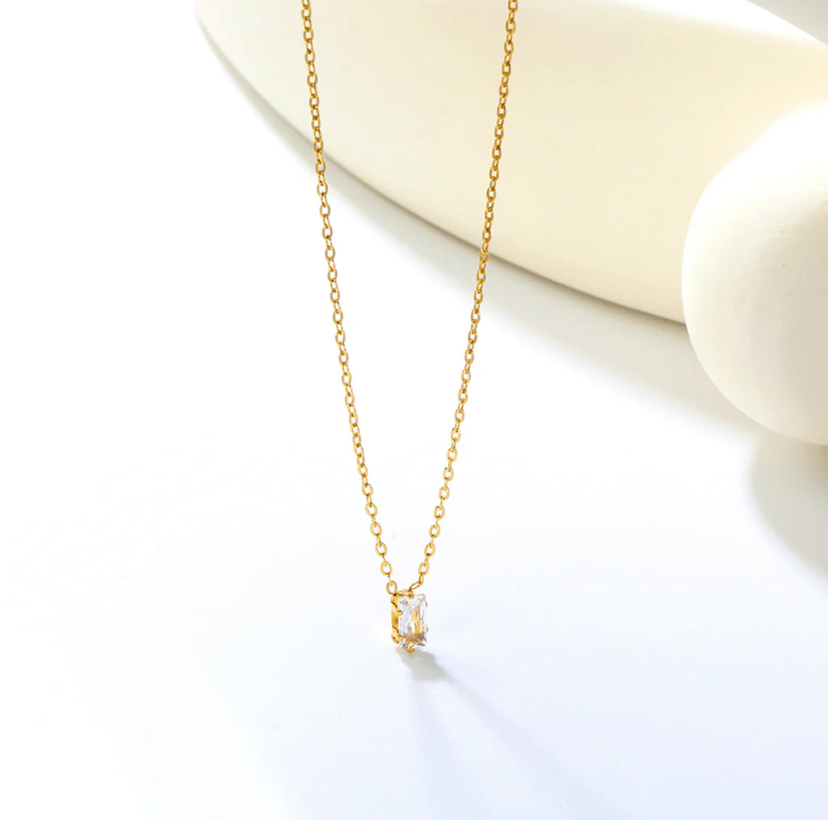Square White Zircon Pendant Cross Chain Round Tail Plaque Necklace Stainless Steel +18K Gold Plated