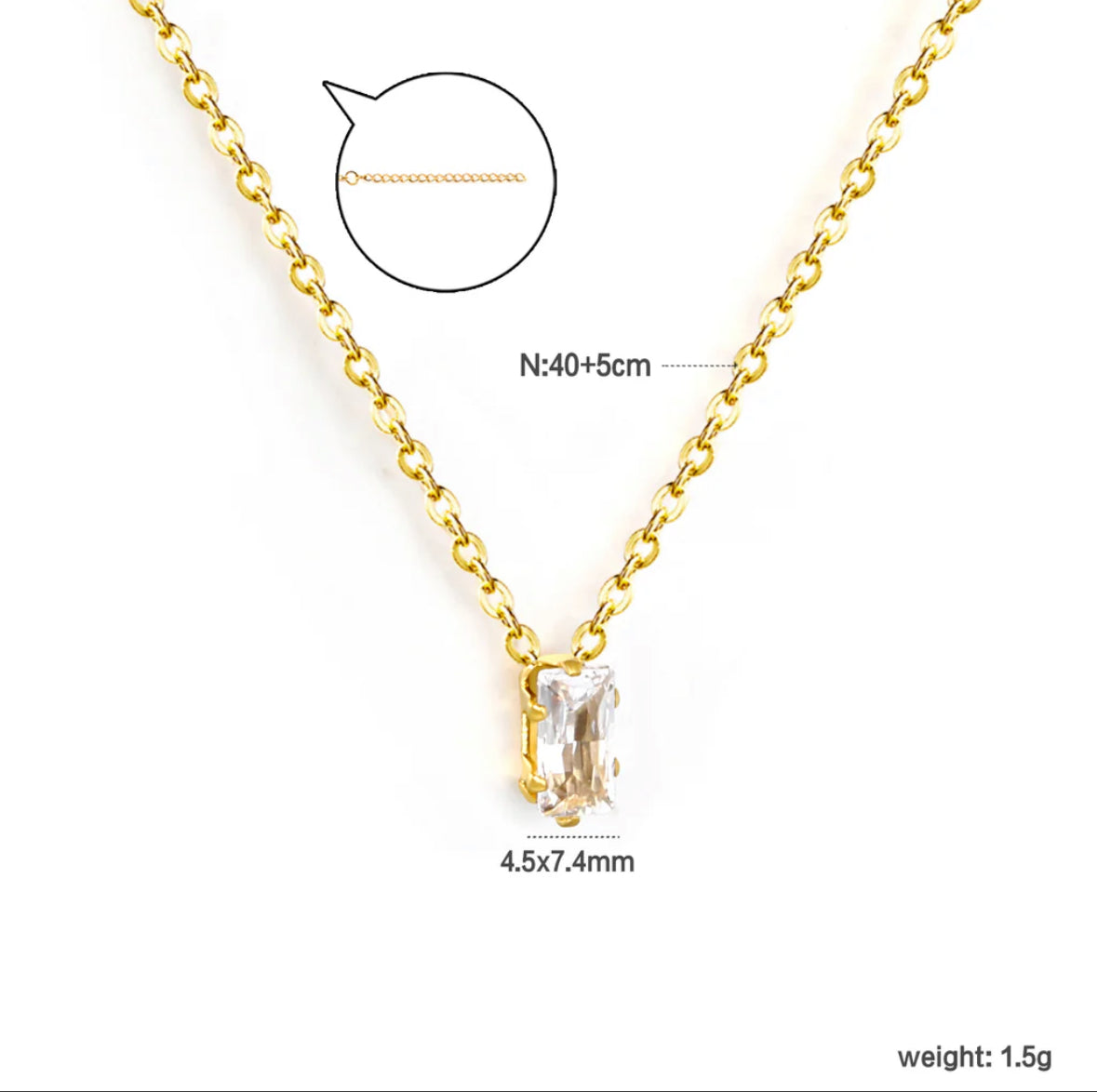 Square White Zircon Pendant Cross Chain Round Tail Plaque Necklace Stainless Steel +18K Gold Plated