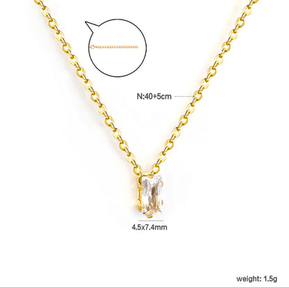 Square White Zircon Pendant Cross Chain Round Tail Plaque Necklace Stainless Steel +18K Gold Plated