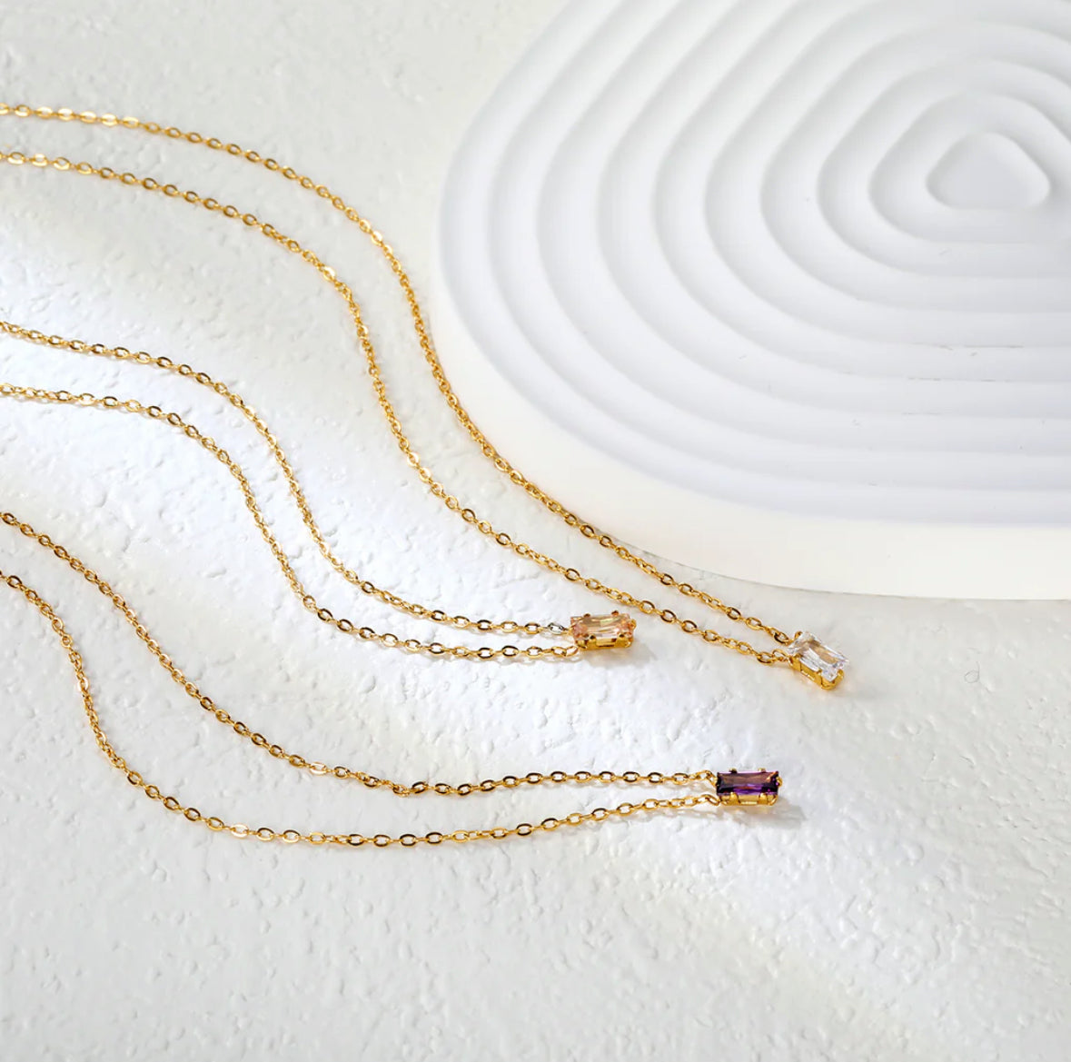 Square White Zircon Pendant Cross Chain Round Tail Plaque Necklace Stainless Steel +18K Gold Plated