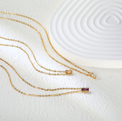 Square White Zircon Pendant Cross Chain Round Tail Plaque Necklace Stainless Steel +18K Gold Plated