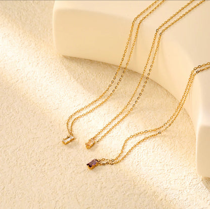 Square White Zircon Pendant Cross Chain Round Tail Plaque Necklace Stainless Steel +18K Gold Plated