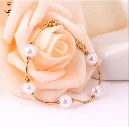 Pearl (imitation) Chain Bracelets Bangles for Women Gold Color Stainless Steel + 18k Gold Plated