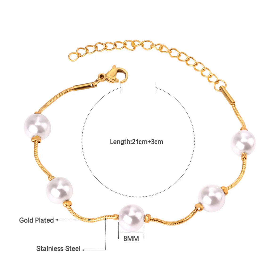 Pearl (imitation) Chain Bracelets Bangles for Women Gold Color Stainless Steel + 18k Gold Plated