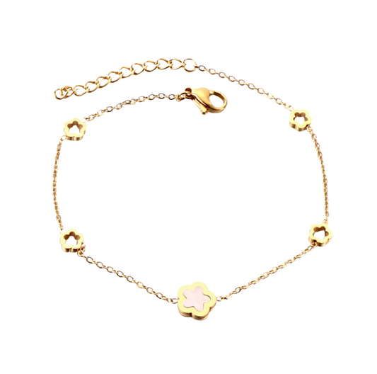 Peach Blossoms Hollow+A White Shell Peach Blossom Bracelet Stainless steel +18K Gold Plated